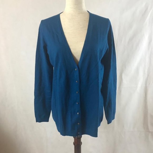 NWT Ann Taylor Dark Ocean Blue V-neck Button-up Cardigan Sweater Size L - Picture 1 of 5